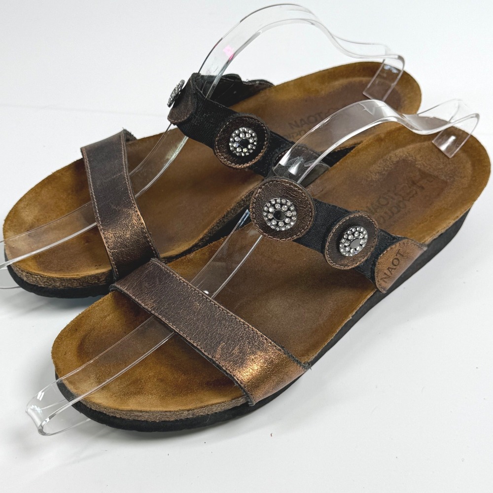Naot Marissa Womens Bronze Metallic Leather Rhinestone Slide Sandals Sz 41 US 10